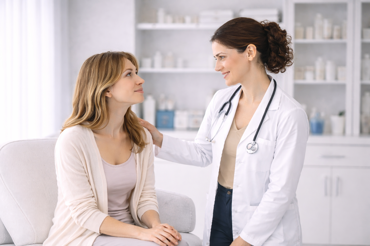 A person sitting in a consultation with a doctor, looking at a screen together with a calm and focused expression.